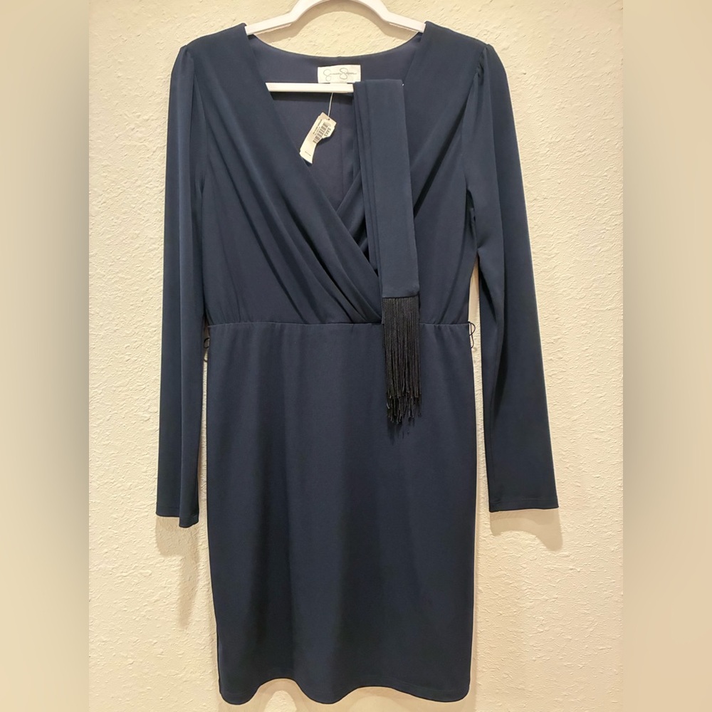 Jessica Simpson Navy Dress V-neck Long sleeve belted Women's 6 Classic Career